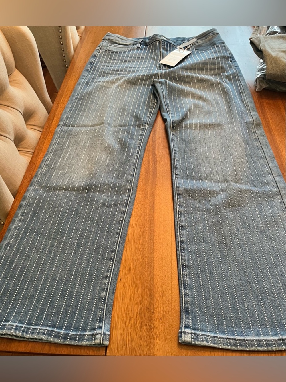 Risen Los Angeles, Women’s Metal Bead Pinstripe Bootcut Denim Blue Jeans
